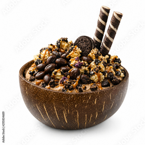 Gourmet Chocolate and Caramel Popcorn Dessert in a Coconut Bowl