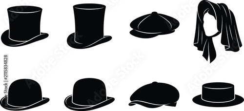 Fotografie Set of vintage historical hats and caps silhouettes including top hat bowler hat