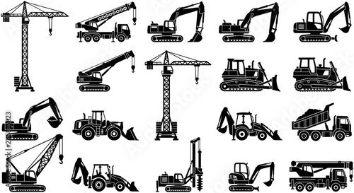 Fotografie Set of various construction heavy machinery and equipment silhouettes