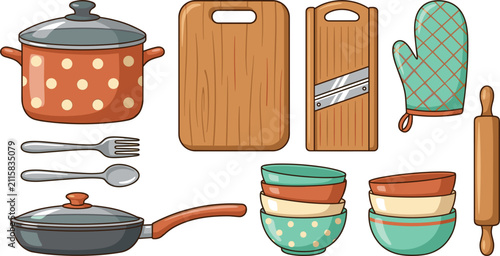 Quadro su tela Kitchen Utensils and Cookware Vector Icon Set with Cooking Pot Frying Pan Cuttin