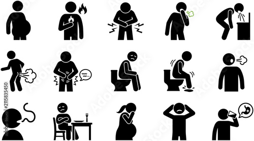 Foto Set of human digestive system and gastrointestinal disease icons.