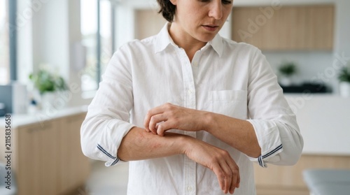 Woman scratching itchy forearm skin. Person suffering from skin irritation or allergy.