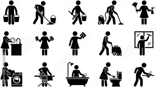 Set of cleaning and household chores stick figure icons.