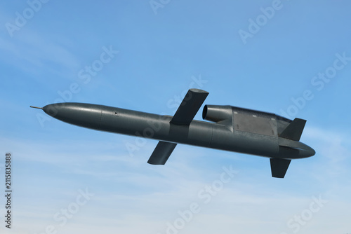 Ukrainian Flamingo cruise missile in flight with blue sky on background - 3d rendering