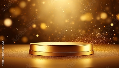Gold Podium On Glitter Background With Golden Light Effect Mockup For Product Presentation Luxury Gold Award Pedestal Mock Up
