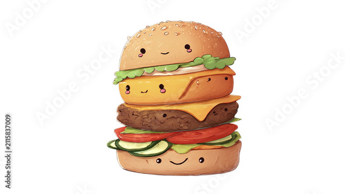 cute kawaii hamburger character with smiling ingredient,cheese,lettuce,tomatoe,and sesame bun isolated on white background 
