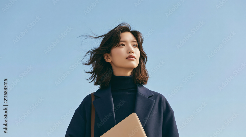 Obraz premium A young woman wearing a dark coat stands outside against a clear blue sky while holding a laptop and looking towards the horizon with a calm expression