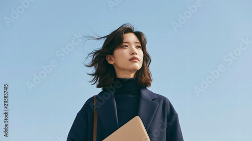 A young woman wearing a dark coat stands outside against a clear blue sky while holding a laptop and looking towards the horizon with a calm expression