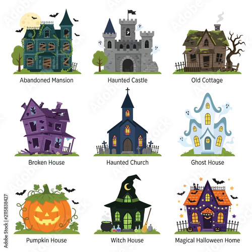 Fotografía Set of halloween themed houses buildings structures for festive design halloween