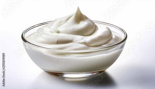 Creamy White Yogurt In A Glass Bowl On A White Background