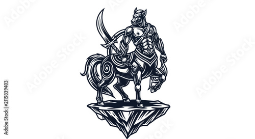 Mythical centaur warrior with sword standing on stone formation