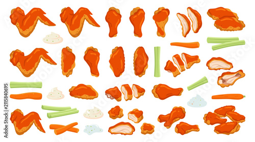 Set of buffalo chicken wings and celery sticks with dipping sauce, fried food menu elements, fast food restaurant snack, meal platter illustration