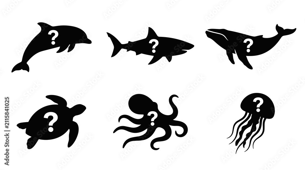 Fototapeta premium Set of six silhouette marine animals with question marks inside, including dolphin, shark, whale, turtle, octopus, and jellyfish on a white