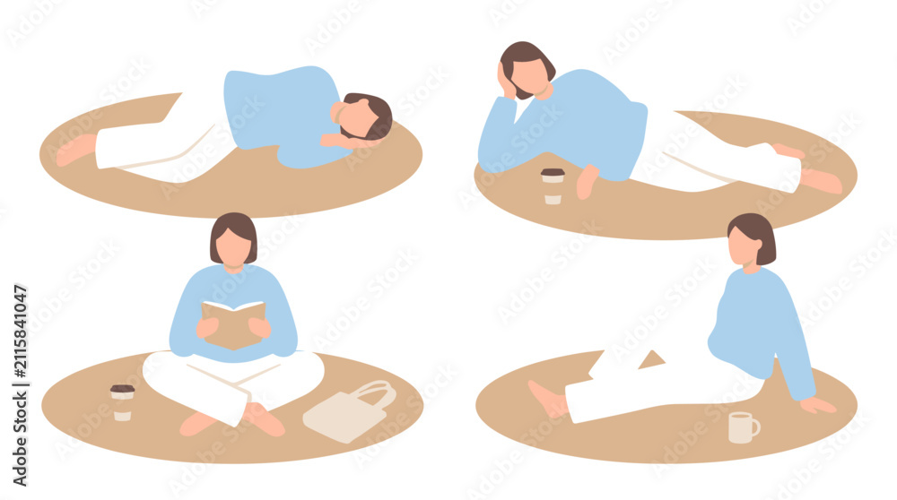 Fototapeta premium Four diverse people relaxing on soft floor cushions, reading, sleeping, and contemplating, conveying comfort and leisure, perfect for wellness and