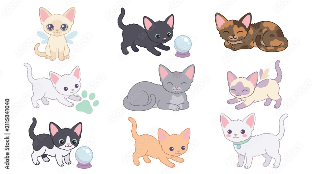 Obraz premium Collection of various cat breeds in retro game aesthetic, cute kittens playing with magical crystal balls, flat vector illustration set