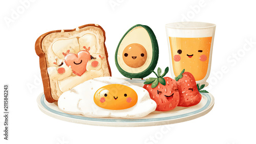 cute kawaii breakfast plate illustration with smiling fried egg,avocado,toast,strawberries and orange juice characters isolated on white background 