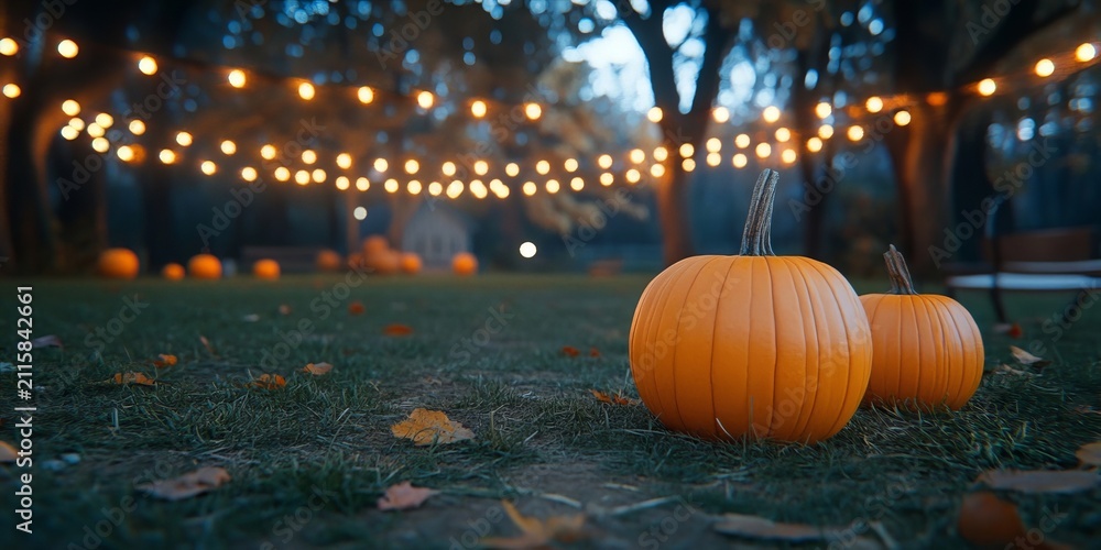 Obraz premium Autumn Evening Background with Large Pumpkins and Golden Bokeh String Lights for Fall Holiday Event