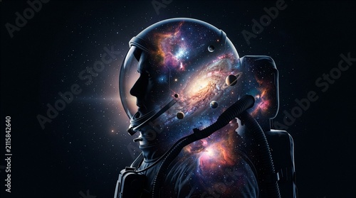 Double exposure astronaut helmet silhouette filled with spiral galaxy, colorful nebula, planets and starry space cosmos, sci-fi concept art