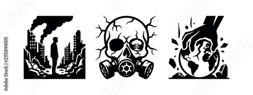 Foto Apocalypse Icons: Destroyed City, Skull with Gas Mask, Crumbling Earth