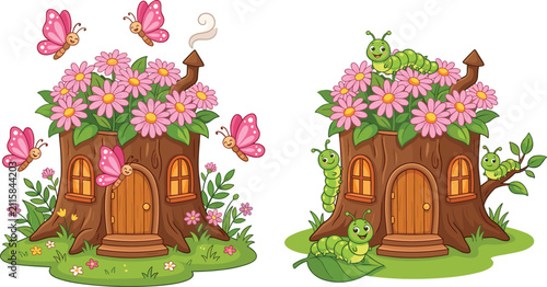 Quadro su tela Cute cartoon fairy tree stump house set with blooming pink flowers butterflies a
