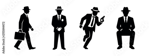 Set of black silhouette icons representing detectives or secret agents in different poses