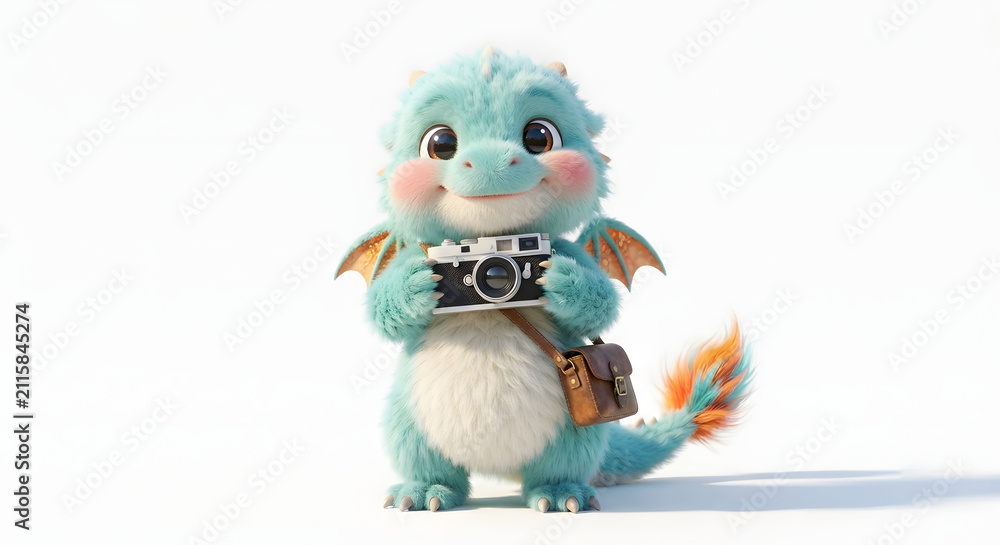 Fototapeta premium Cute fluffy 3D cartoon baby dragon photographer holding vintage camera isolated on white background