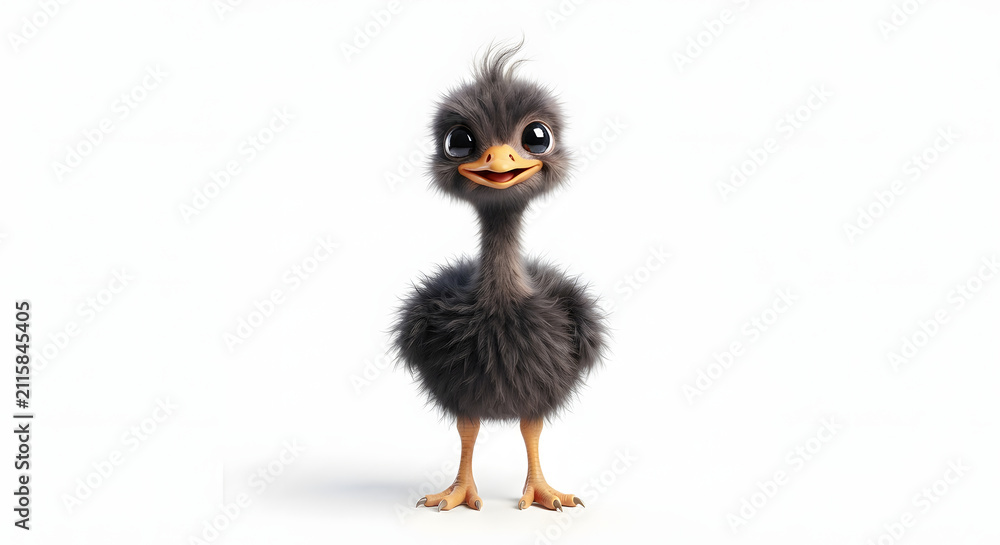 Fototapeta premium Cute fluffy 3D cartoon baby ostrich standing isolated on white background