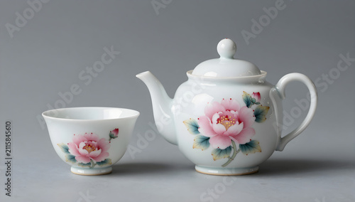 Porcelain teapot and tea cup with pink floral pattern