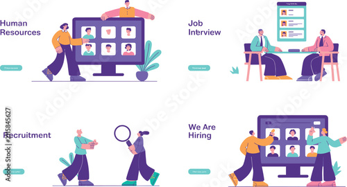 Human Resources and Corporate Recruitment Vector Concept Illustration Set Featuring Job Interview Selection Process Hiring Candidate Evaluation and Online Talent Sourcing