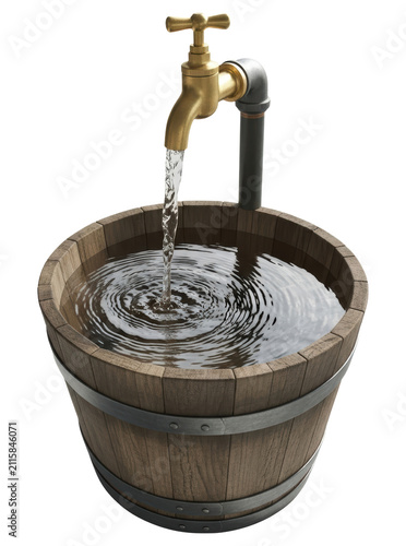 Brass faucet filling rustic wooden barrel isolated on transparent background