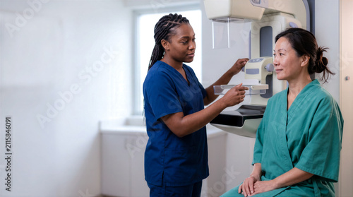 concept of regular screening and early detection of breast cancer, Vietnamese American woman during a routine mammogram examination doctor's office, copy space for text Breast Cancer Awareness Month