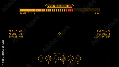 Pixel game life bar. Vector art 8 bit health heart bar. Gaming controller, symbols set. Game boss health bar UI on black with segmented amber life bar and ability slots, 16:9 game interface screen
