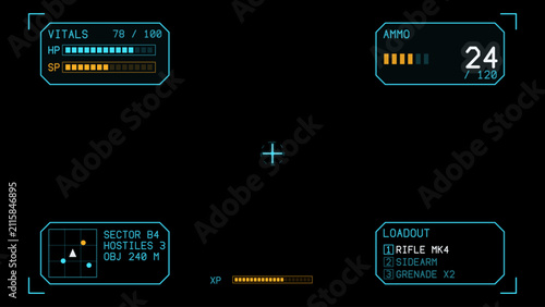 HUD - futuristic user interface elements for GUI, UI, UX, KIT. Futuristic user interface graphic box for UI game. Digital. Game UI HUD overlay on black with corner panels for health, ammo and