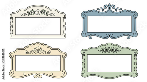 Set of four ornate rectangular vintage frames with intricate scrollwork, flat vector design elements for invitation cards and wedding stationery