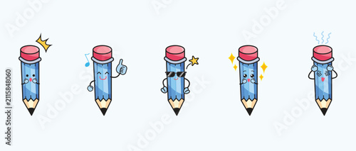 Obraz na płótnie Cute blue pencil mascot characters with expressions and poses colorful illustration set bundle drawing