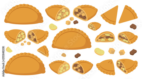 Set of isolated golden empanadas and meat pies, savory pastry snacks for menu design, bakery icons, culinary illustration, food presentation