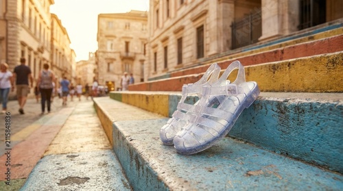 translucent jelly sandals resting on bright city steps summer fashion