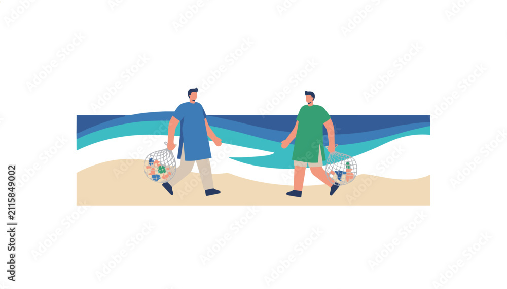 © Stocker  - Two volunteers walk along the beach carrying mesh bags filled with plastic litter collected for ocean conservation.
