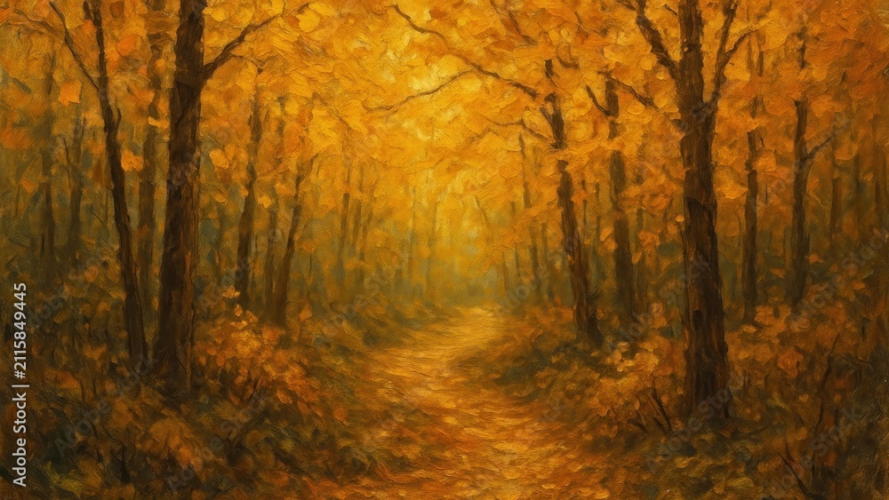 Fototapeta premium Golden autumn forest path painting.