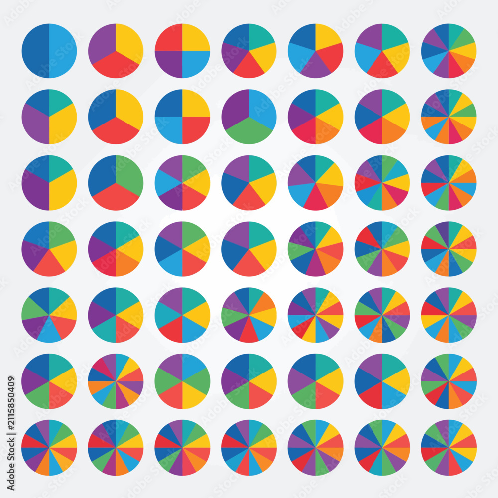 Fototapeta premium Colorful pie chart circle set. Vector infographic elements for data visualization design.