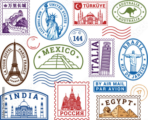 Fotografía World Travel Passport Stamp Set with China USA Turkey France Mexico Italy Brazil