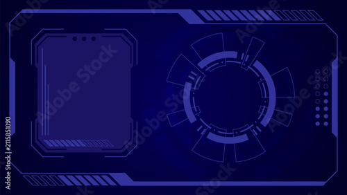 Futuristic blue HUD interface background with sci-fi frame, tech circle display, and copy space