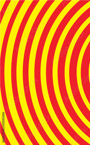 Psychedelic hypnotic background with red and yellow concentric circles. Vibrant pop art vector pattern with radiating curved lines. Abstract optical illusion wallpaper for creative design.