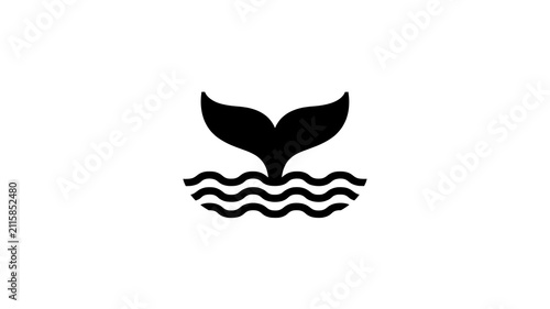 Black whale tail icon with ocean waves