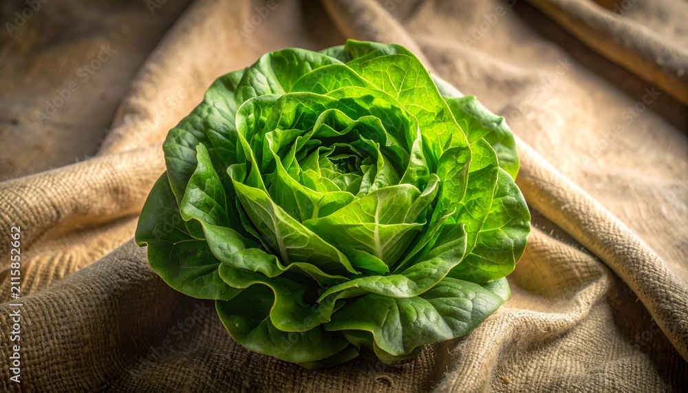 Obraz premium Fresh green organic lettuce head resting on a rustic textured brown burlap fabric surface for a natural farm to table lifestyle concept.