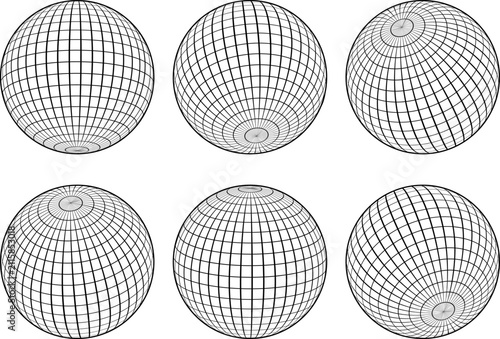 Clean minimalist black and white wireframe sphere with latitude and longitude grid lines on isolated white background, ideal for science, mathematics, technology and geographic design concepts.