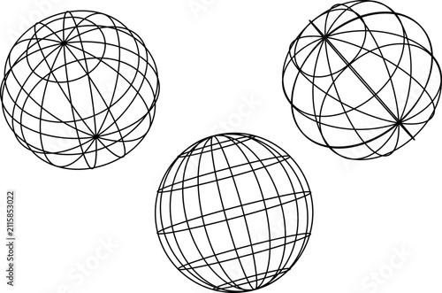 Clean minimalist black and white wireframe sphere with latitude and longitude grid lines on isolated white background, ideal for science, mathematics, technology and geographic design concepts.