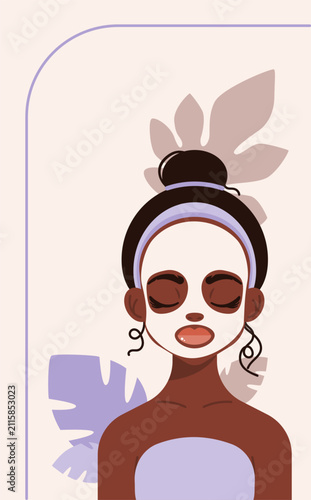 Flyer with woman is caring for her skin with a beauty facial mask and spa headband. Tropical leaves in the background. Perfect for beauty, skincare marketing, or wellness design projects.