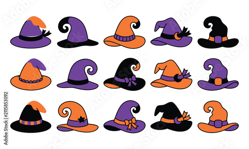 Halloween Witch Hat Bundle Vector Set, Cute Cartoon Magic Hat Clipart Collection, Spooky Costume Accessories, Flat Autumn Holiday Illustration