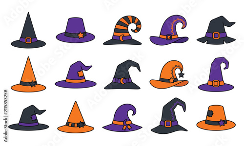 Halloween Witch Hat Bundle Vector Set, Cute Magic Hat Clipart Collection, Cartoon Costume Accessories, Flat Autumn Holiday Illustration